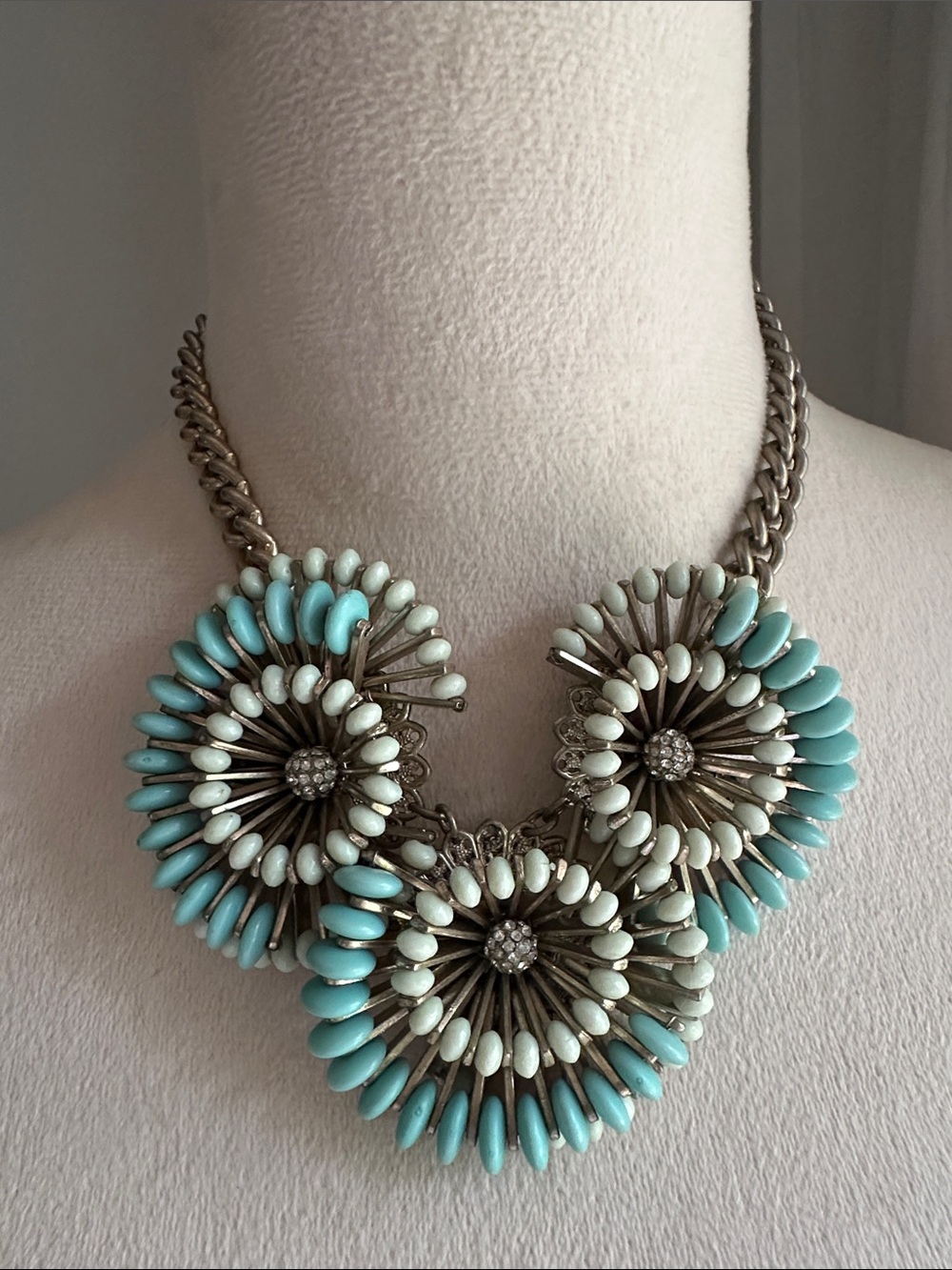 J. Crew Cactus Flower Industrial Cowgirl Mint White Floral Cluster Bib Necklace